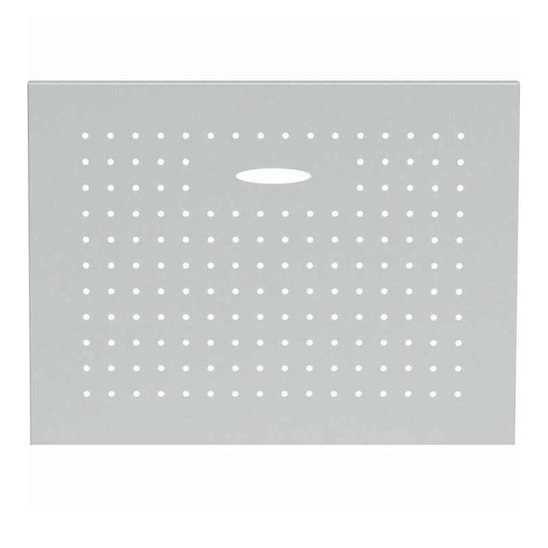 Perforated metal sheet with evenly spaced holes, featuring a central oval handle for easy handling and installation. Ideal for tool storage or wall organization.