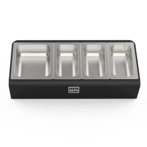 Stainless steel condiment station with four compartments and a black base by Alfa.