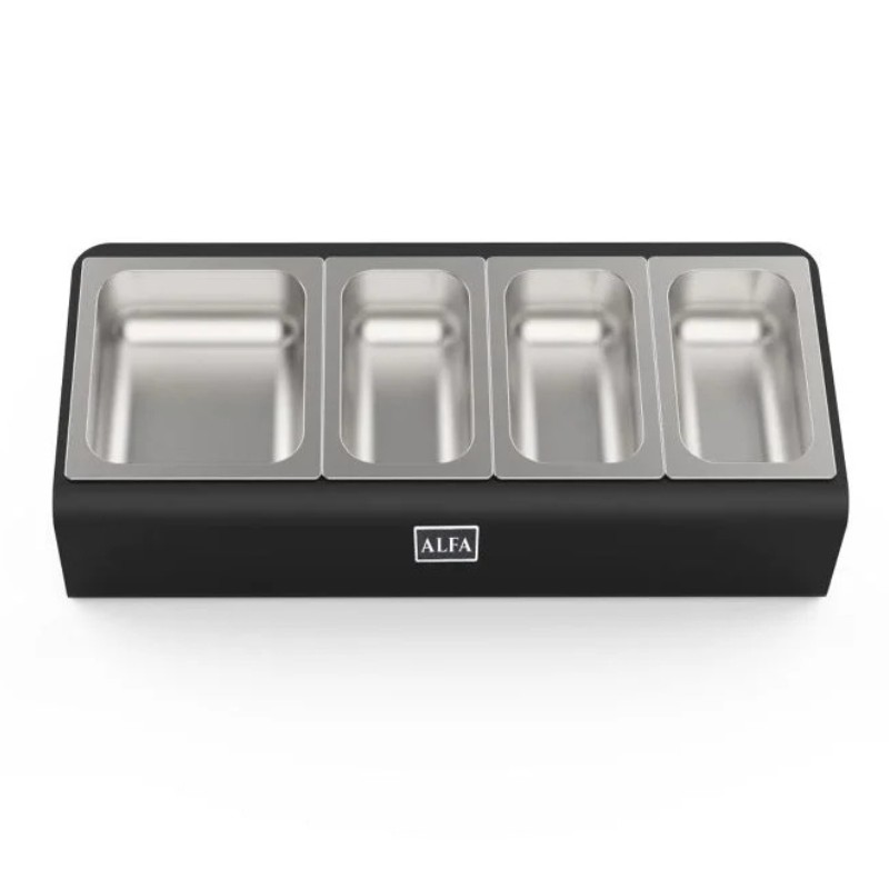 89a62dbb-18ac-40b9-b686-0942db2e34cf-1.jpg Stainless steel condiment station with four compartments and a black base by Alfa.