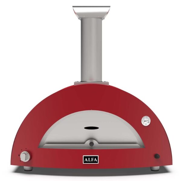 Red outdoor pizza oven with a silver chimney and temperature gauge, designed for high-temperature cooking.