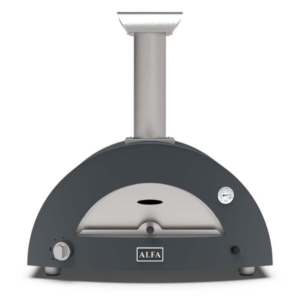 Compact outdoor pizza oven in dark gray with stainless steel chimney and thermometer, ideal for home cooking.