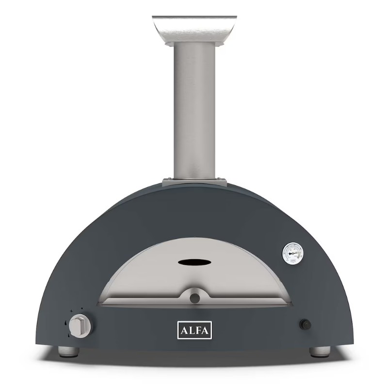 8cda27e9-6e21-477e-9fc6-457a724116cc.jpg Compact outdoor pizza oven in dark gray with stainless steel chimney and thermometer, ideal for home cooking.