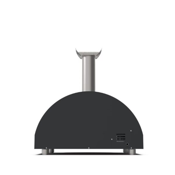 Outdoor pizza oven with a curved black base and metallic chimney for efficient heat distribution. Ideal for backyard cooking and entertaining.
