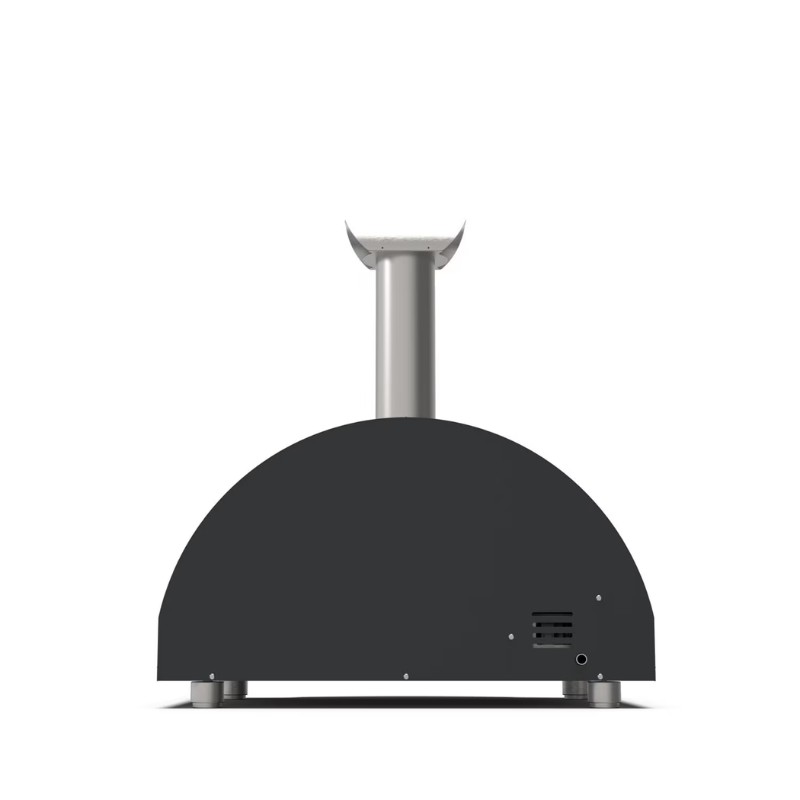 Outdoor pizza oven with a curved black base and metallic chimney for efficient heat distribution. Ideal for backyard cooking and entertaining.