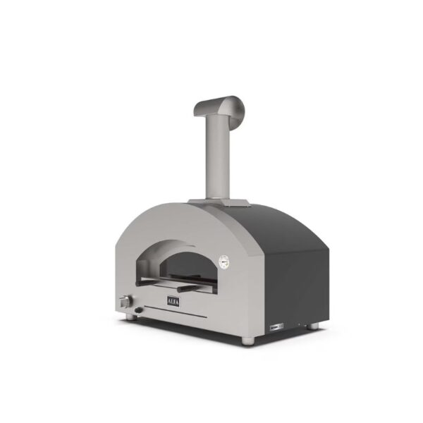Outdoor pizza oven with a sleek stainless steel design, featuring a rounded top and a chimney for smoke venting. Ideal for creating authentic wood-fired pizzas.