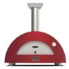 Red outdoor pizza oven with a stainless steel chimney and a temperature gauge, featuring a rounded design and the brand name 'ALFA.'