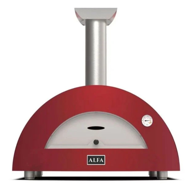 Red outdoor pizza oven with a stainless steel chimney and a temperature gauge, featuring a rounded design and the brand name 'ALFA.'