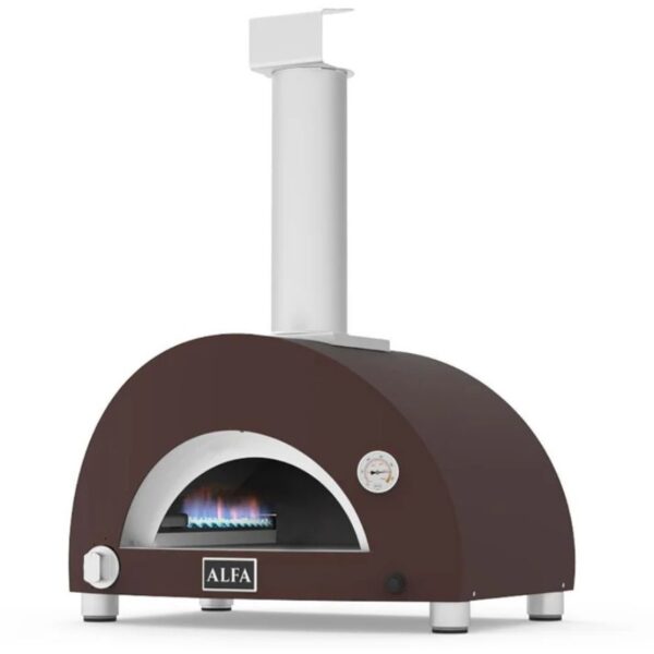 Gas pizza oven with a curved brown body, a stainless steel chimney, and a thermometer on the front, designed for outdoor cooking.
