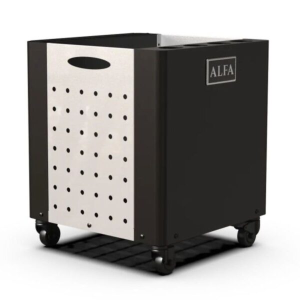 Black metal storage cart with a perforated stainless steel front, featuring wheels for mobility and a handle for easy maneuvering. Suitable for various organizational needs.