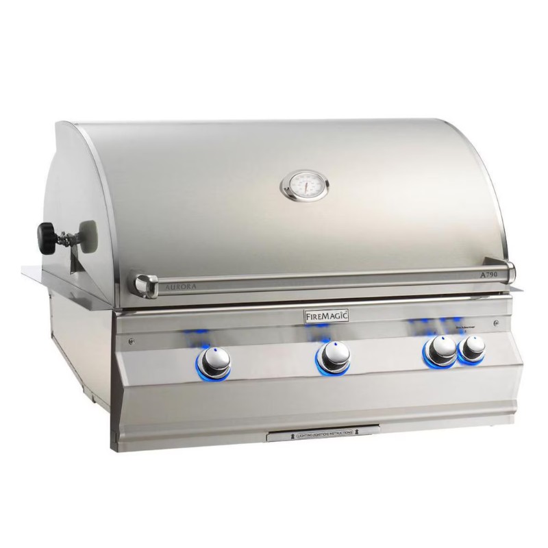 Stainless steel built-in gas grill featuring three control knobs, temperature gauge, and a sleek design, ideal for outdoor cooking.