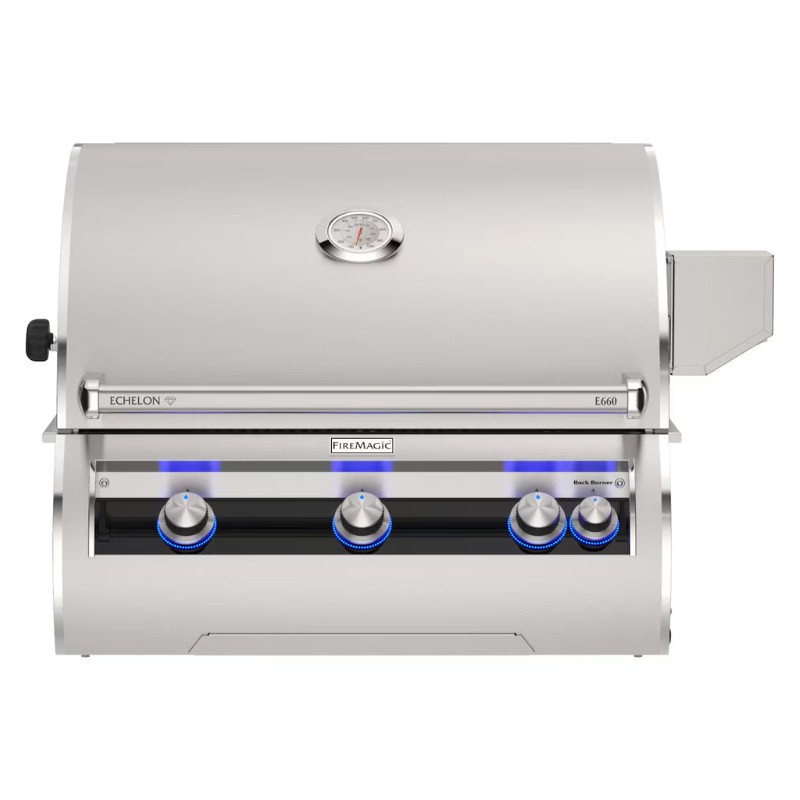 Stainless steel Fire Magic E660 Echelon grill with three blue LED knobs and temperature gauge, designed for outdoor cooking.
