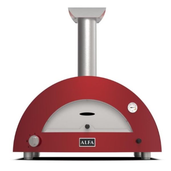 Red outdoor pizza oven with a stainless steel chimney and temperature gauge, designed for efficient cooking.