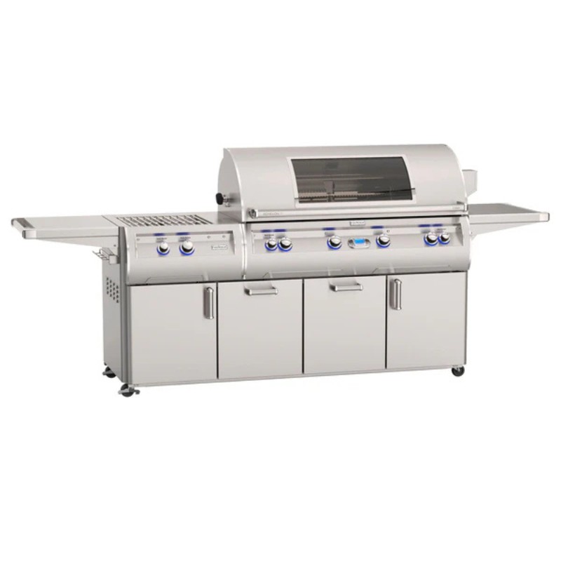 Stainless steel outdoor gas grill with multiple burners, storage cabinets, and side shelves for grilling and food preparation.