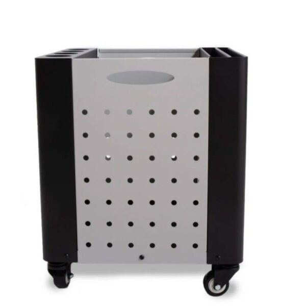 Mobile storage cart with perforated design, black and gray color scheme, and four wheels for easy mobility. Ideal for organizing office supplies or kitchen items.