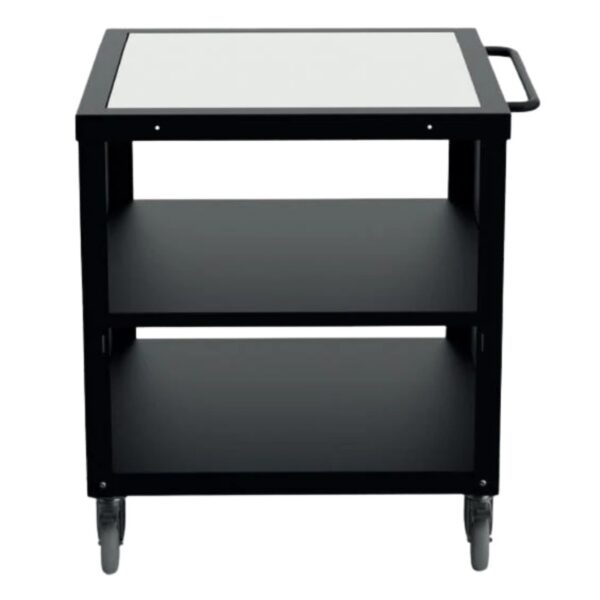 Black utility cart with a glass top and two open shelves, featuring caster wheels for mobility.