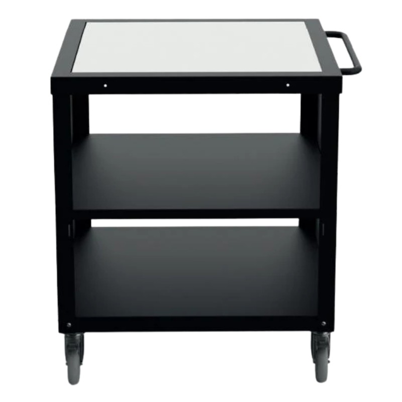Black utility cart with a glass top and two open shelves, featuring caster wheels for mobility.