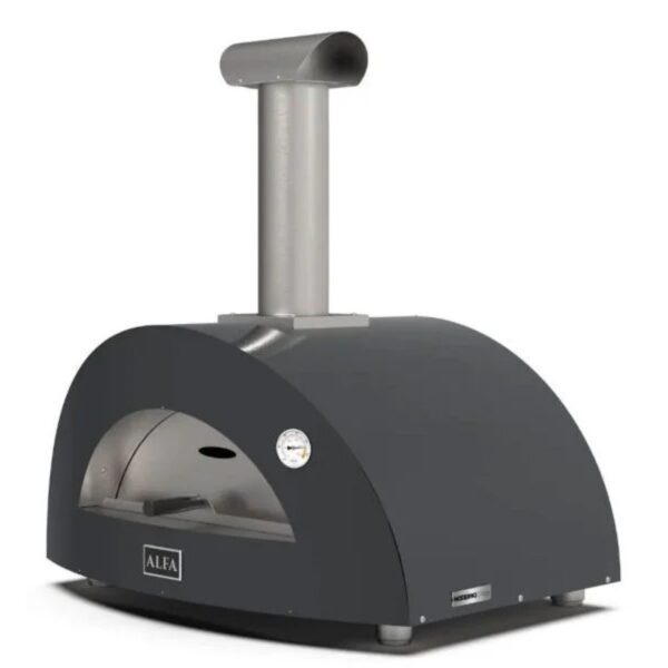 Outdoor pizza oven with a sleek black design and stainless steel chimney, featuring a front viewing window and temperature gauge for ideal baking conditions.