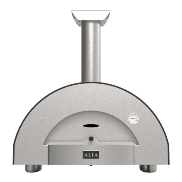 Stainless steel outdoor pizza oven with a curved design and chimney, featuring an integrated thermometer and the brand logo "ALFA."