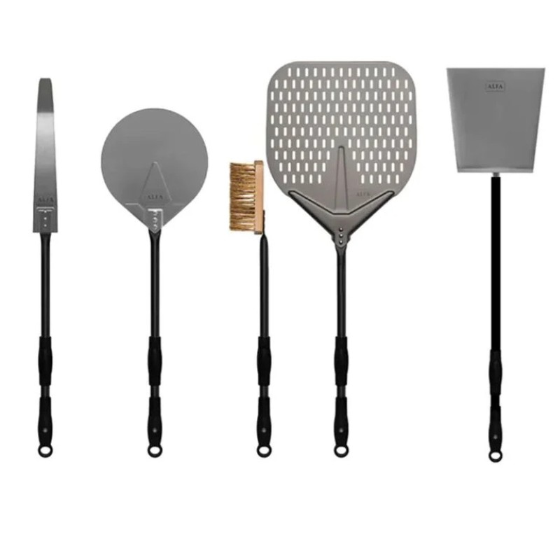 Five-piece set of high-quality grill tools, including a spatula, pizza peel, grill brush, and shovel, designed for efficient cooking and grilling.