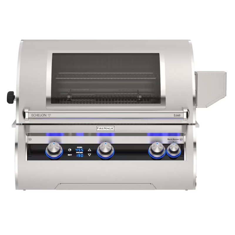 Fire Magic Echelon E660 gas grill featuring a stainless steel design, digital controls, and a built-in rotisserie. Ideal for outdoor cooking and grilling enthusiasts.