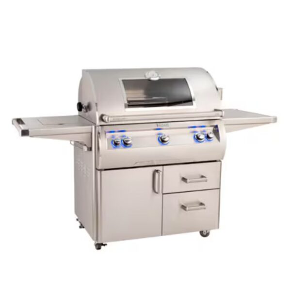 Stainless steel gas grill with four burners, side shelves, and storage drawers, designed for outdoor cooking and barbecuing.