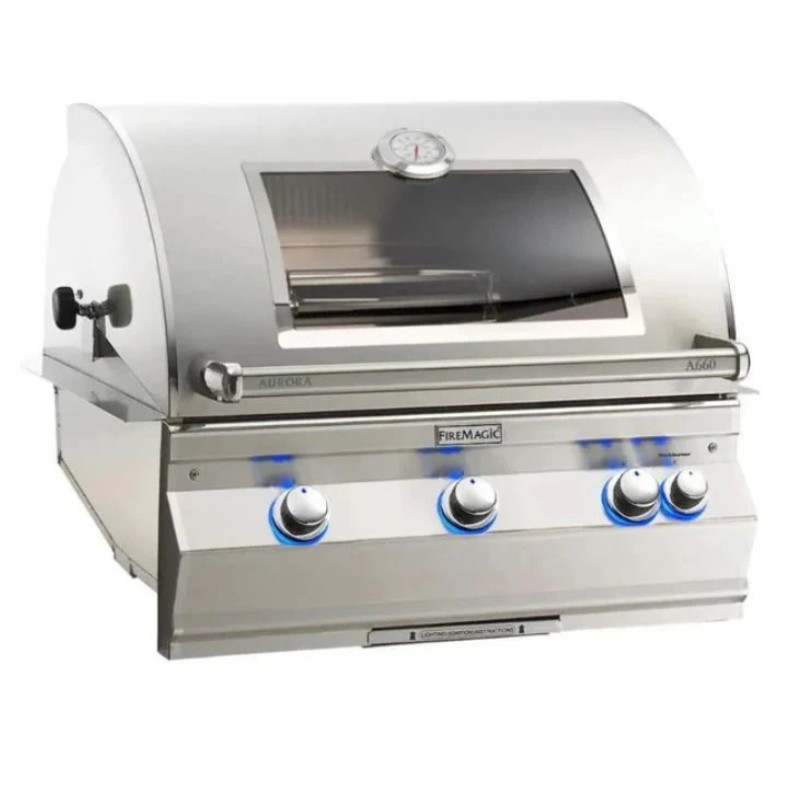 Stainless steel outdoor gas grill with a glass viewing window, control knobs with blue LED lighting, and a temperature gauge on the lid.