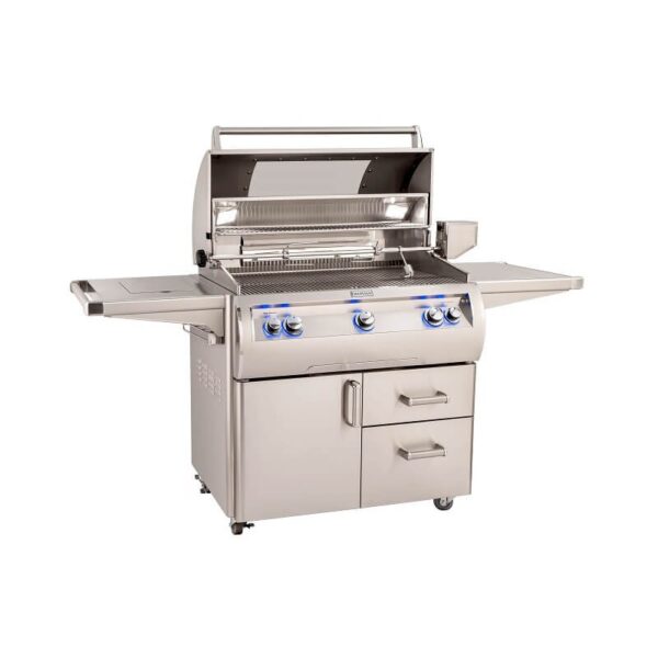 Stainless steel gas grill with side shelves, three burners, and storage drawers, ideal for outdoor cooking and barbecues.