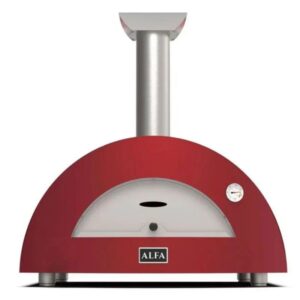 Red outdoor pizza oven with a stainless steel chimney and temperature gauge, designed for efficient cooking.