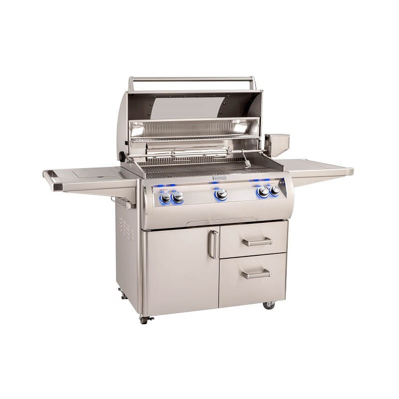 Stainless steel gas grill with side shelves, multiple burners, and storage drawers, ideal for outdoor cooking and barbecues.