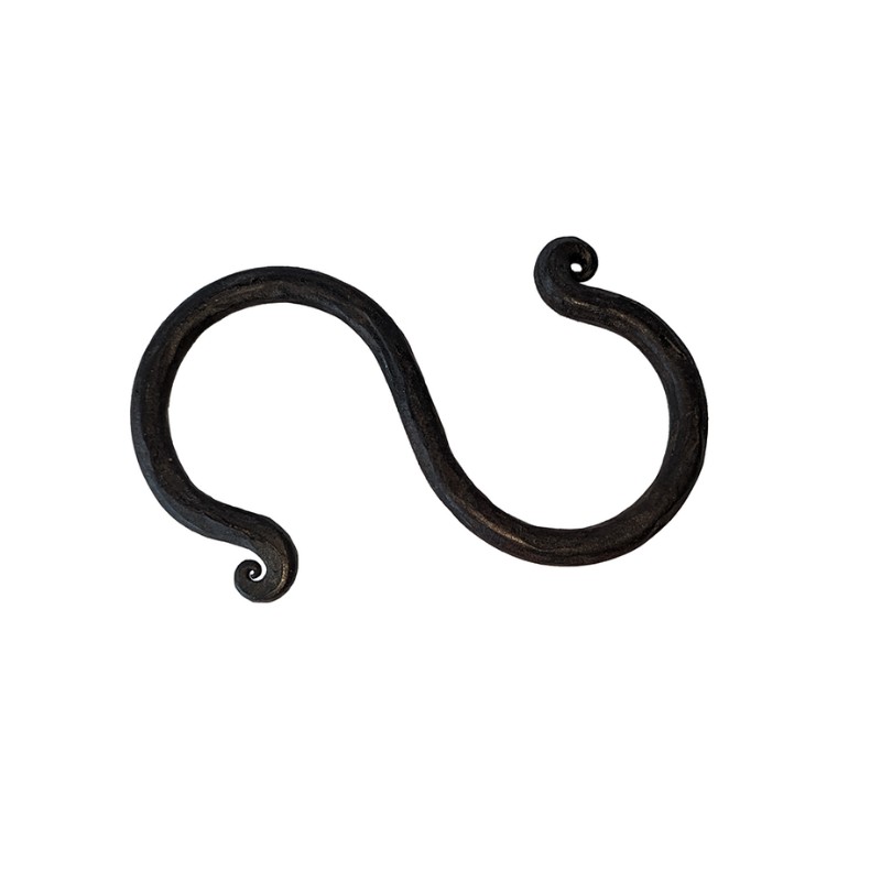 Black, twisted metal hook with playful curly ends, ideal for decorative purposes or organization.