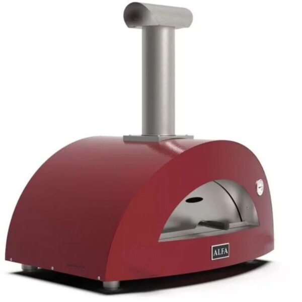 Red outdoor pizza oven with a stainless steel chimney and a black ALFA logo on the front, designed for high-temperature cooking.