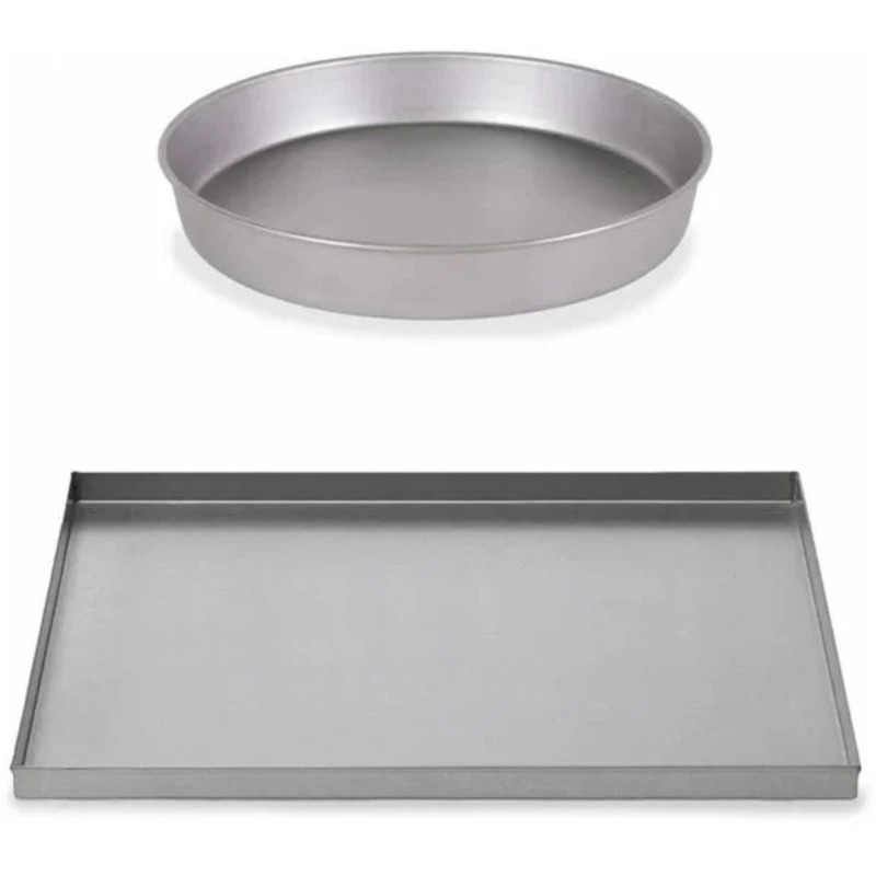 Two baking pans, one round and one rectangular, designed for versatile cooking and baking applications. Ideal for cakes and sheet cakes. Made of durable metal for even heat distribution.