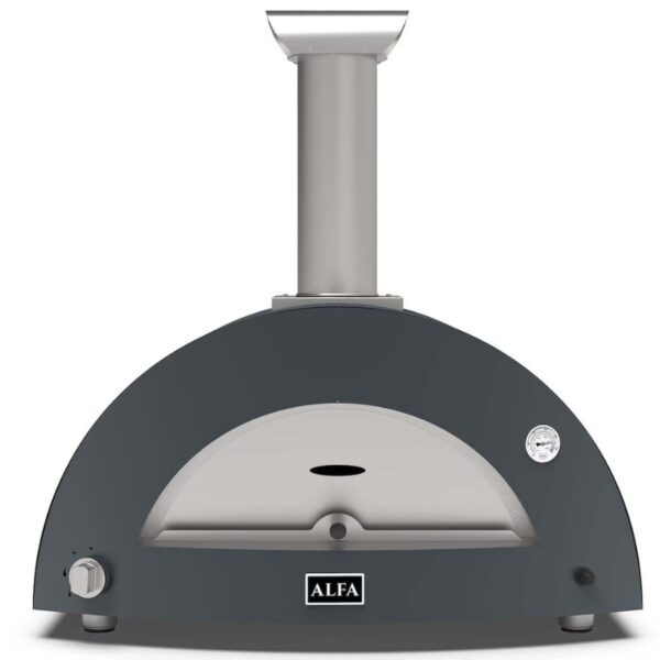 Portable outdoor pizza oven with a sleek gray design, chimney, and temperature gauge, ideal for baking authentic pizzas in a backyard setting.