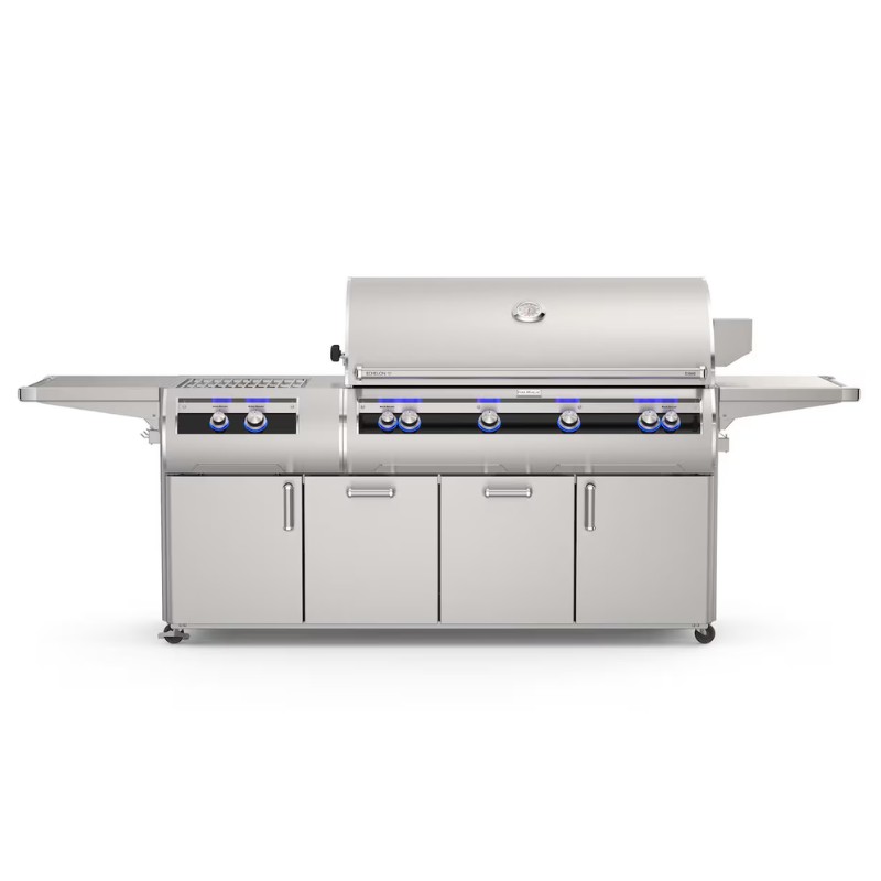 Stainless steel outdoor grill with multiple burners and side shelves, designed for efficient cooking and entertaining.