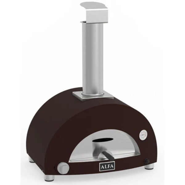 Brown outdoor pizza oven with a stainless steel flue, featuring a viewing window and temperature gauge. Ideal for wood-fired cooking.