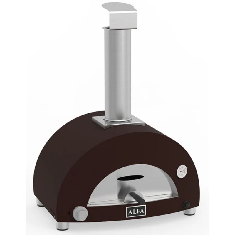 Brown outdoor pizza oven with a stainless steel flue, featuring a viewing window and temperature gauge. Ideal for wood-fired cooking.