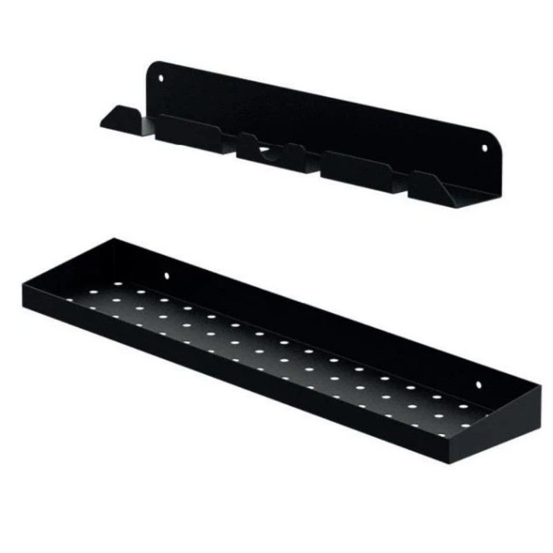 dd0fbb09-4da4-4d2c-b4a9-21d6bfeace4f.jpg Black metal wall-mounted storage shelf with a perforated tray and vertical tool holder, ideal for organization in workshops or garages.