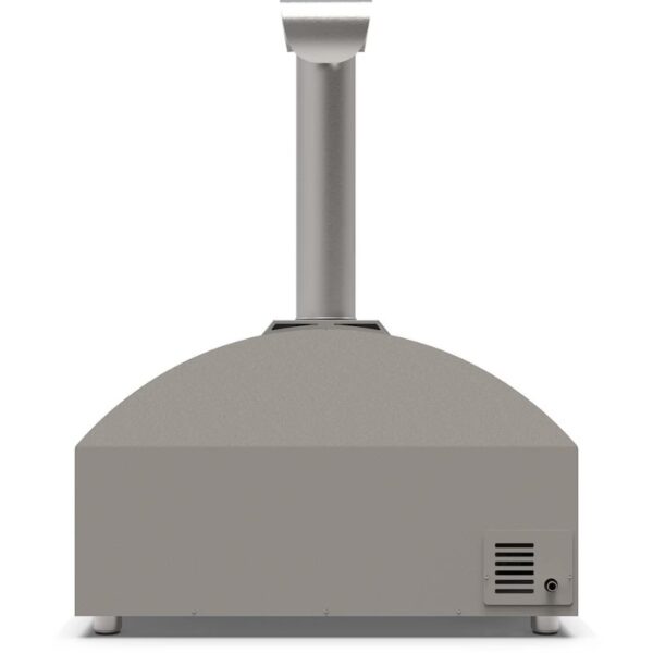 Portable outdoor pizza oven with a sleek gray design and a tall chimney for efficient smoke ventilation. Ideal for backyard cooking and entertaining.