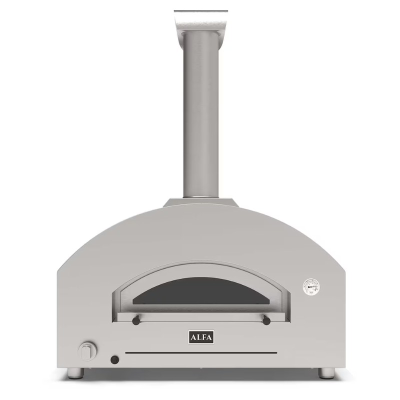 e1e3992c-4b0d-4aea-8183-442fa575f560.jpg Gas pizza oven with a sleek gray design and a chimney, featuring a glass window and the brand name "ALFA" prominently displayed. Ideal for outdoor cooking.