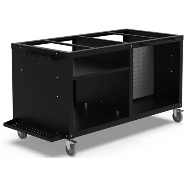 Black mobile utility cart with multiple storage compartments and wheels, ideal for workshops and garages.