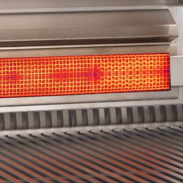 Infrared heating element glowing red in a stainless steel grill, showcasing modern cooking technology and design.