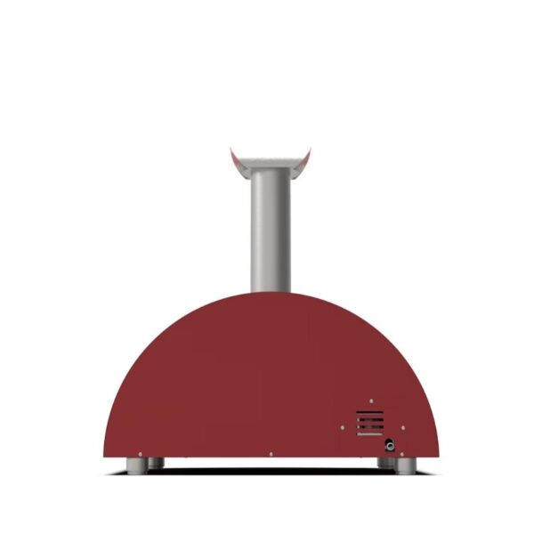 Red outdoor pizza oven with a dome shape and a vertical chimney, designed for grilling and cooking pizzas efficiently.