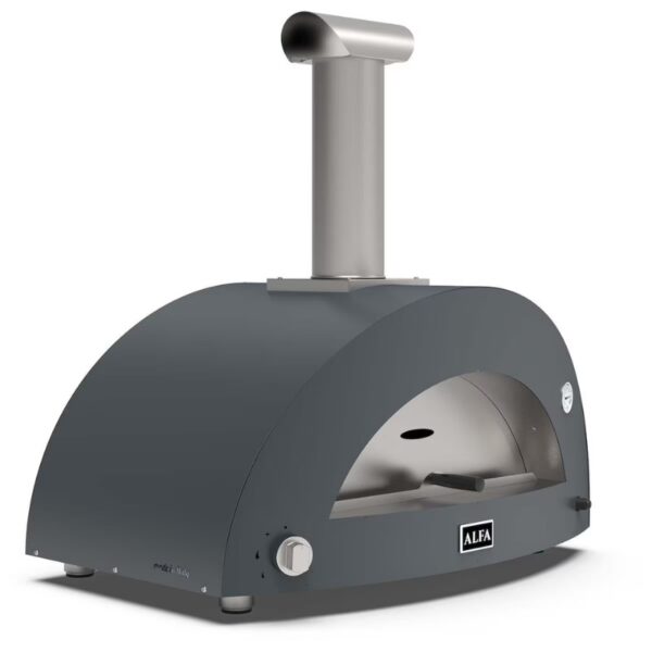 Outdoor pizza oven with a sleek gray design and stainless steel chimney, featuring a front door and temperature gauge. Perfect for wood-fired cooking.