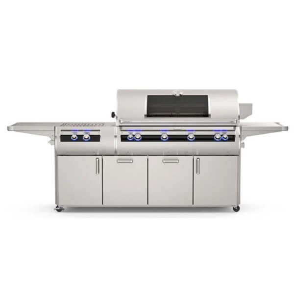 Stainless steel outdoor grill with multiple burners, side shelves, and storage cabinets, ideal for barbecuing and outdoor cooking.