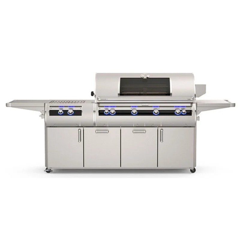 Stainless steel outdoor grill with multiple burners, side shelves, and storage cabinets, ideal for barbecuing and outdoor cooking.