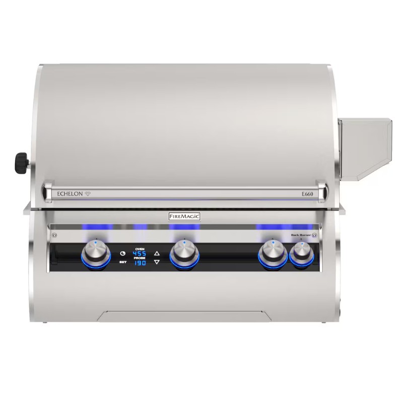 FireMagic E660 Echelon gas grill with stainless steel design, illuminated control knobs, and digital temperature display for outdoor cooking.