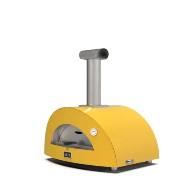 Compact yellow pizza oven with a silver chimney and front viewing window, designed for outdoor cooking.