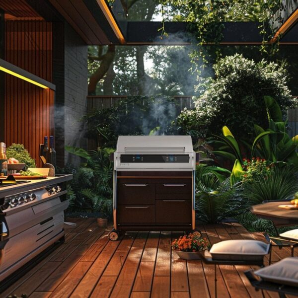 Modern outdoor kitchen featuring a sleek gas grill with digital controls, surrounded by lush greenery and a wooden deck. Smoke wafts gently from the grill, creating a warm, inviting atmosphere for outdoor cooking and dining.