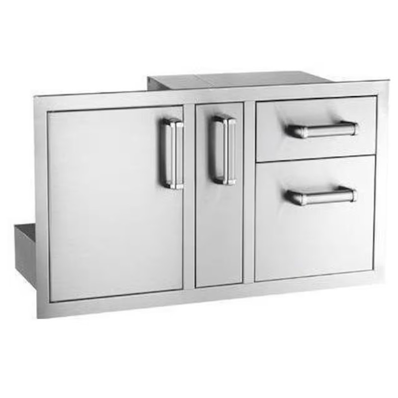Stainless steel outdoor kitchen storage unit with two doors and two drawers, designed for durability and style.