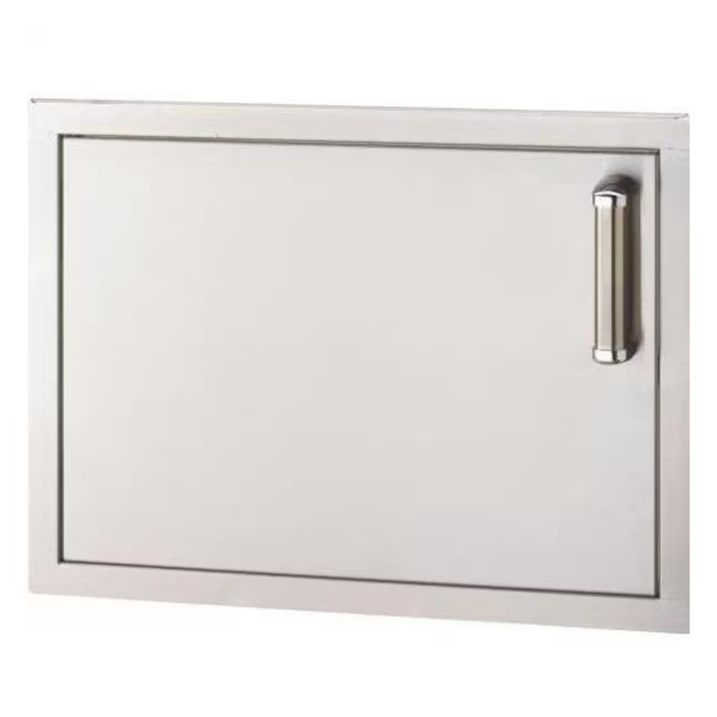 0a67089c-7cb2-41e9-ace1-6ceb48d12442.jpg Stainless steel outdoor kitchen access door with a sleek design and handle, ideal for enhancing outdoor storage and utility.